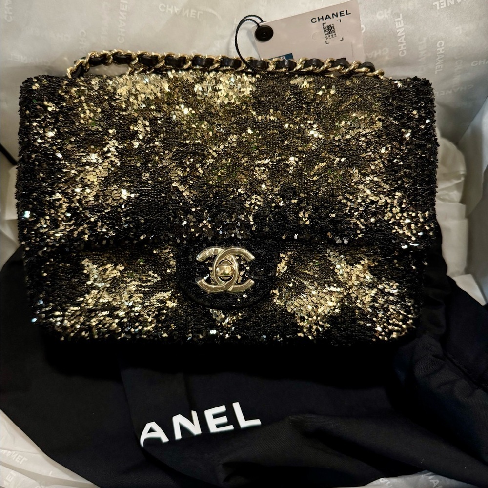 Chanel Glittering Evening Black and Gold Shoulder Bag New with Tags Mini Classic